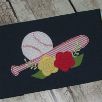 Baseball Bat with Flowers Machine Applique Design